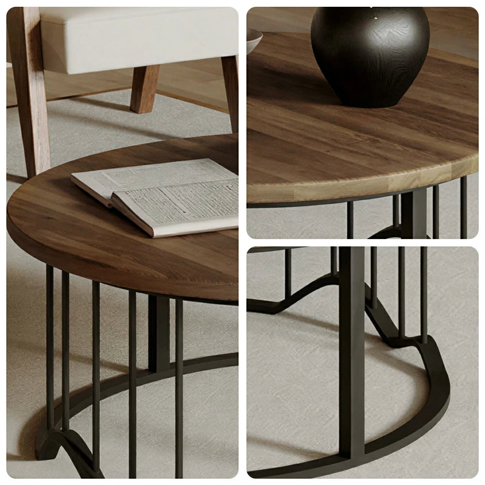 LIVARA Round Coffee Table - 100cm Wood Grain Table with Metal Frame for Living Room - Walnut
