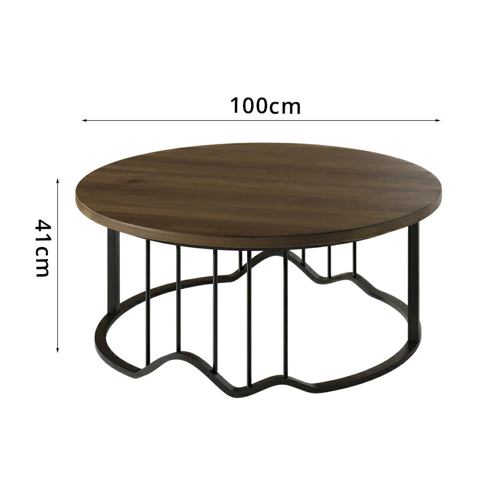 LIVARA Round Coffee Table - 100cm Wood Grain Table with Metal Frame for Living Room - Walnut