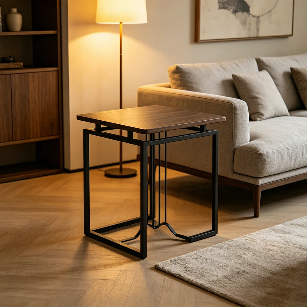 LIVARA Sofa Side Table - 55cm Wood Grain Accent Table with Metal Frame - Walnut