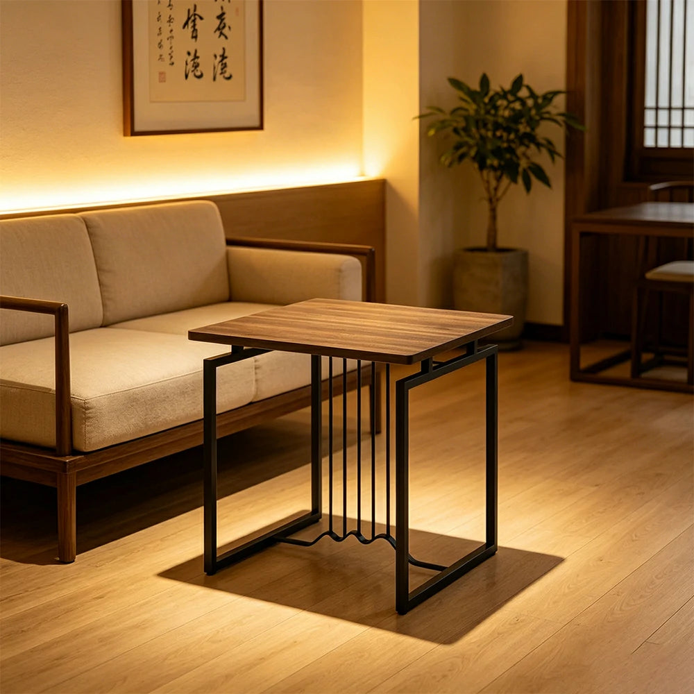 LIVARA Sofa Side Table - 55cm Wood Grain Accent Table with Metal Frame - Walnut