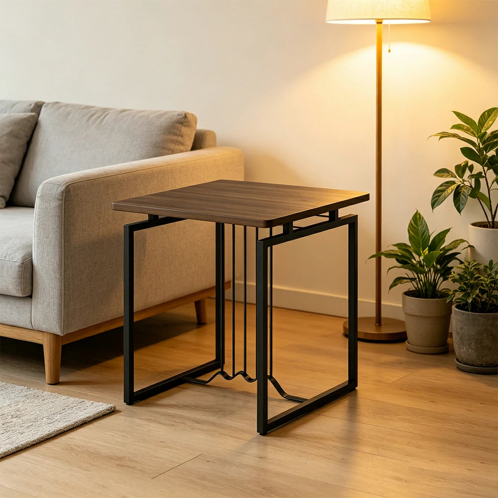 LIVARA Sofa Side Table - 55cm Wood Grain Accent Table with Metal Frame - Walnut