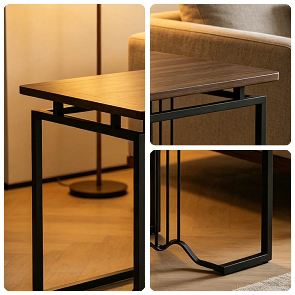 LIVARA Sofa Side Table - 55cm Wood Grain Accent Table with Metal Frame - Walnut