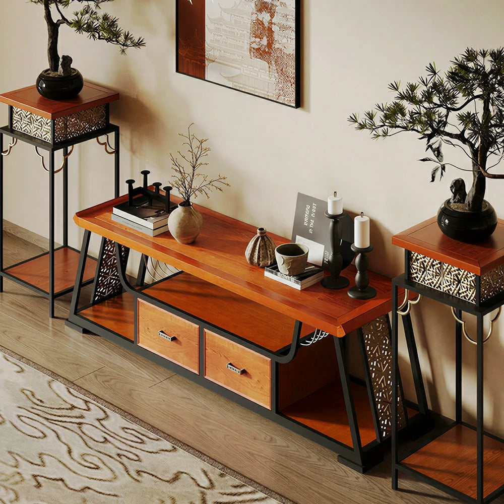 LIVARA Modern Oriental TV Cabinet - Birch Veneer Media Storage Unit with Dual Drawers & Open Shelf - 162cm Living Room TV Stand - Walnut
