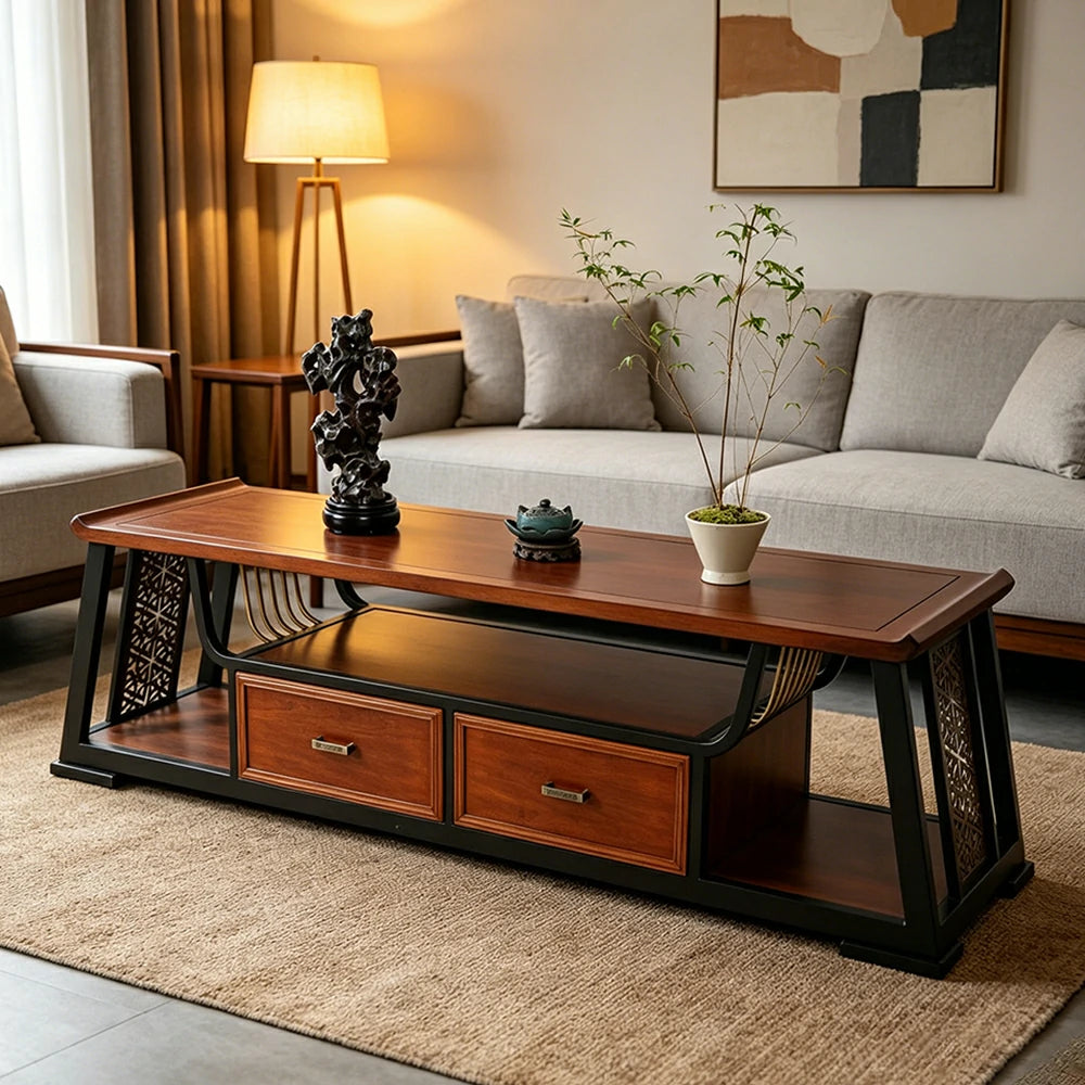 LIVARA Modern Oriental TV Cabinet - Birch Veneer Media Storage Unit with Dual Drawers & Open Shelf - 162cm Living Room TV Stand - Walnut
