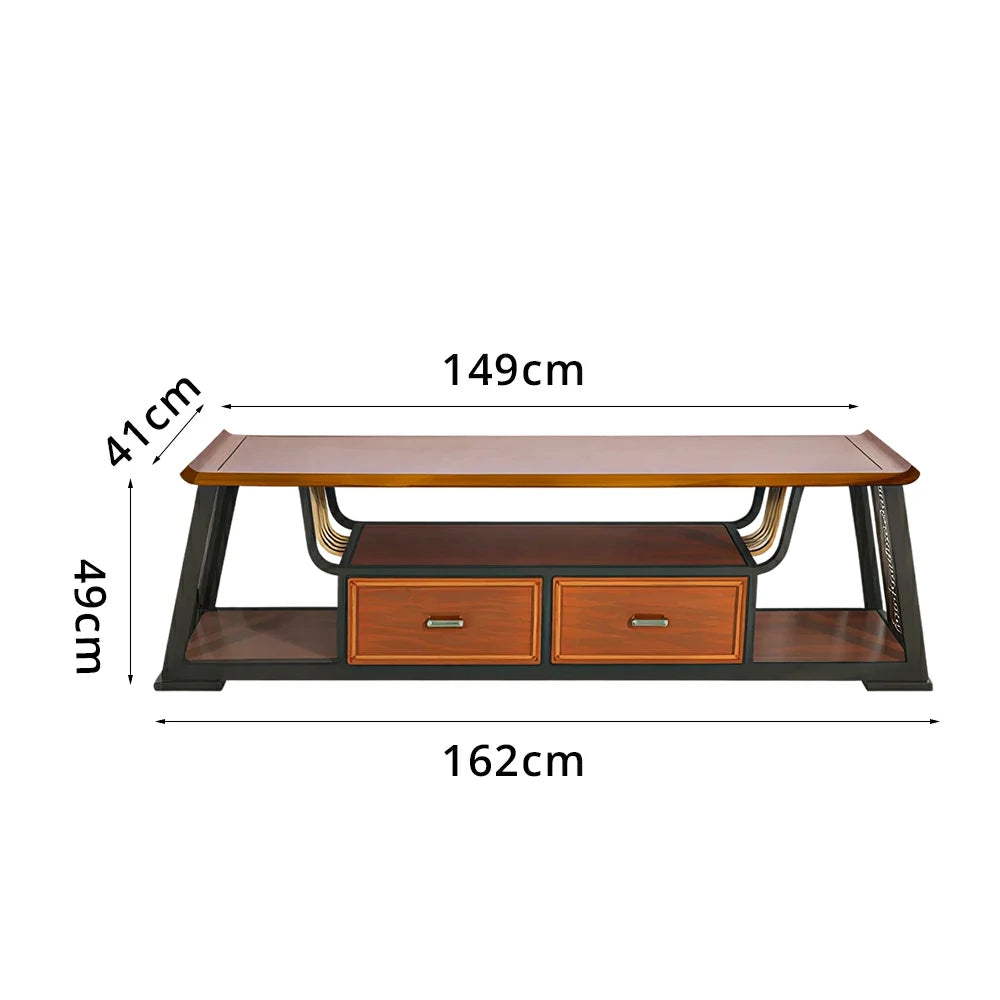 LIVARA Modern Oriental TV Cabinet - Birch Veneer Media Storage Unit with Dual Drawers & Open Shelf - 162cm Living Room TV Stand - Walnut