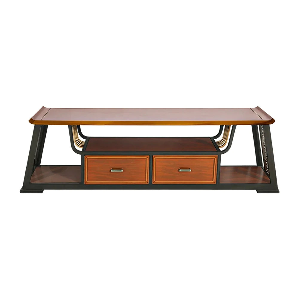 LIVARA Modern Oriental TV Cabinet - Birch Veneer Media Storage Unit with Dual Drawers & Open Shelf - 162cm Living Room TV Stand - Walnut