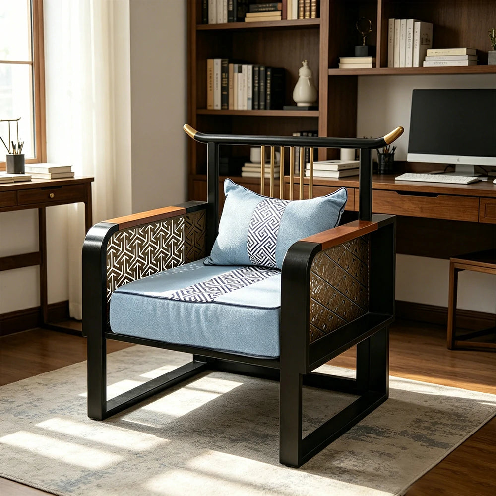 LIVARA Modern Oriental Single Sofa - Birch Wood Accent Chair with Cushion - 88cm Living Room Lounge Chair - Blue
