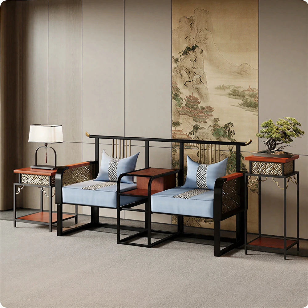 LIVARA Modern Oriental Single Sofa - Birch Wood Accent Chair with Cushion - 88cm Living Room Lounge Chair - Blue