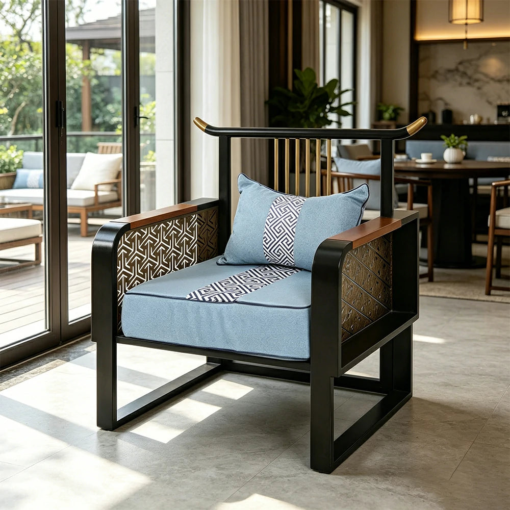 LIVARA Modern Oriental Single Sofa - Birch Wood Accent Chair with Cushion - 88cm Living Room Lounge Chair - Blue