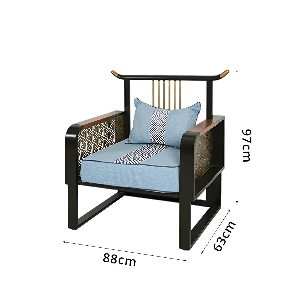 LIVARA Modern Oriental Single Sofa - Birch Wood Accent Chair with Cushion - 88cm Living Room Lounge Chair - Blue