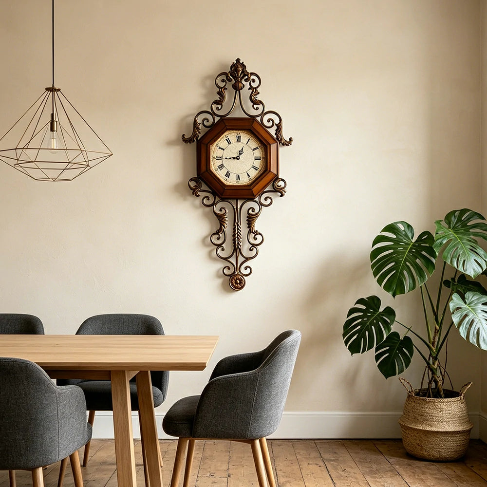 LIVARA American Vintage Wall Clock - Octagonal Roman Numeral Clock with Metal Scrollwork - 95cm Living Room Wall Decor - Brown