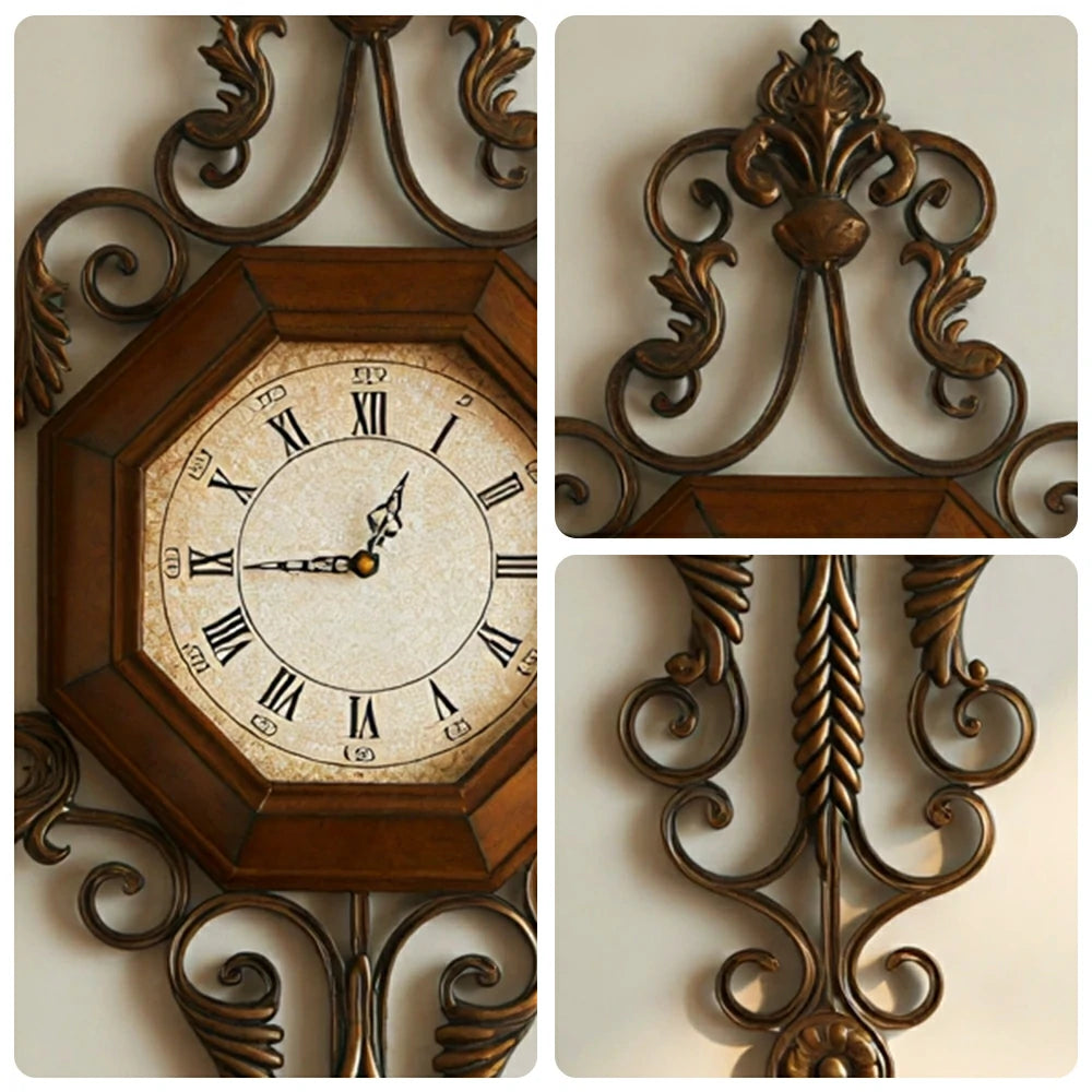 LIVARA American Vintage Wall Clock - Octagonal Roman Numeral Clock with Metal Scrollwork - 95cm Living Room Wall Decor - Brown