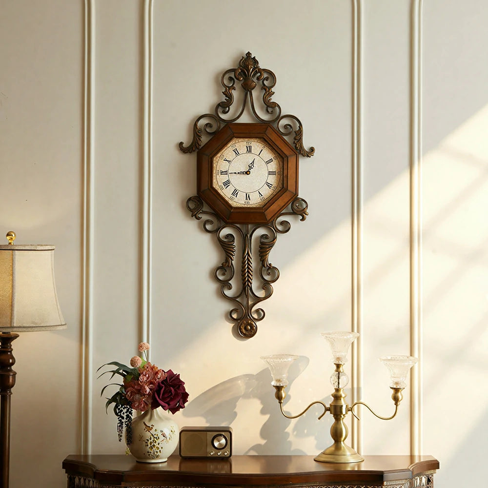 LIVARA American Vintage Wall Clock - Octagonal Roman Numeral Clock with Metal Scrollwork - 95cm Living Room Wall Decor - Brown
