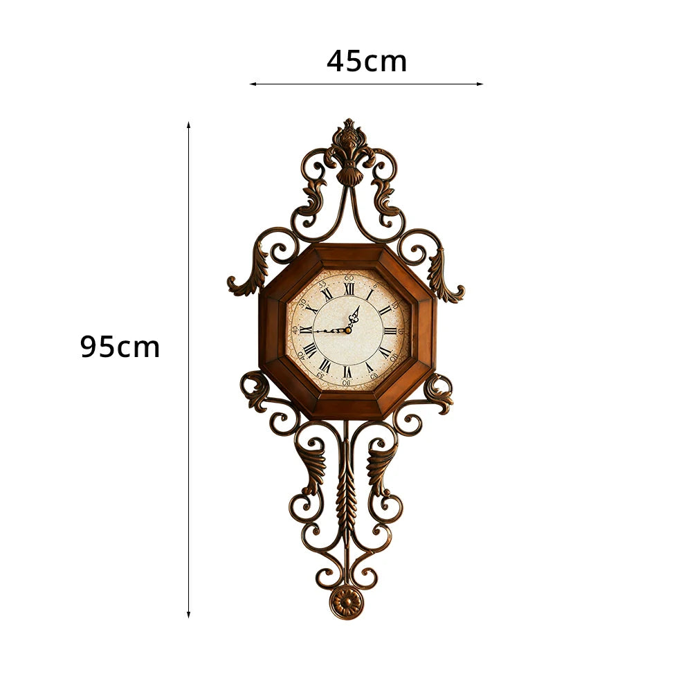 LIVARA American Vintage Wall Clock - Octagonal Roman Numeral Clock with Metal Scrollwork - 95cm Living Room Wall Decor - Brown