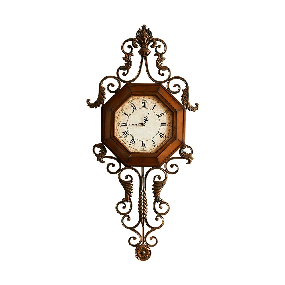 LIVARA American Vintage Wall Clock - Octagonal Roman Numeral Clock with Metal Scrollwork - 95cm Living Room Wall Decor - Brown