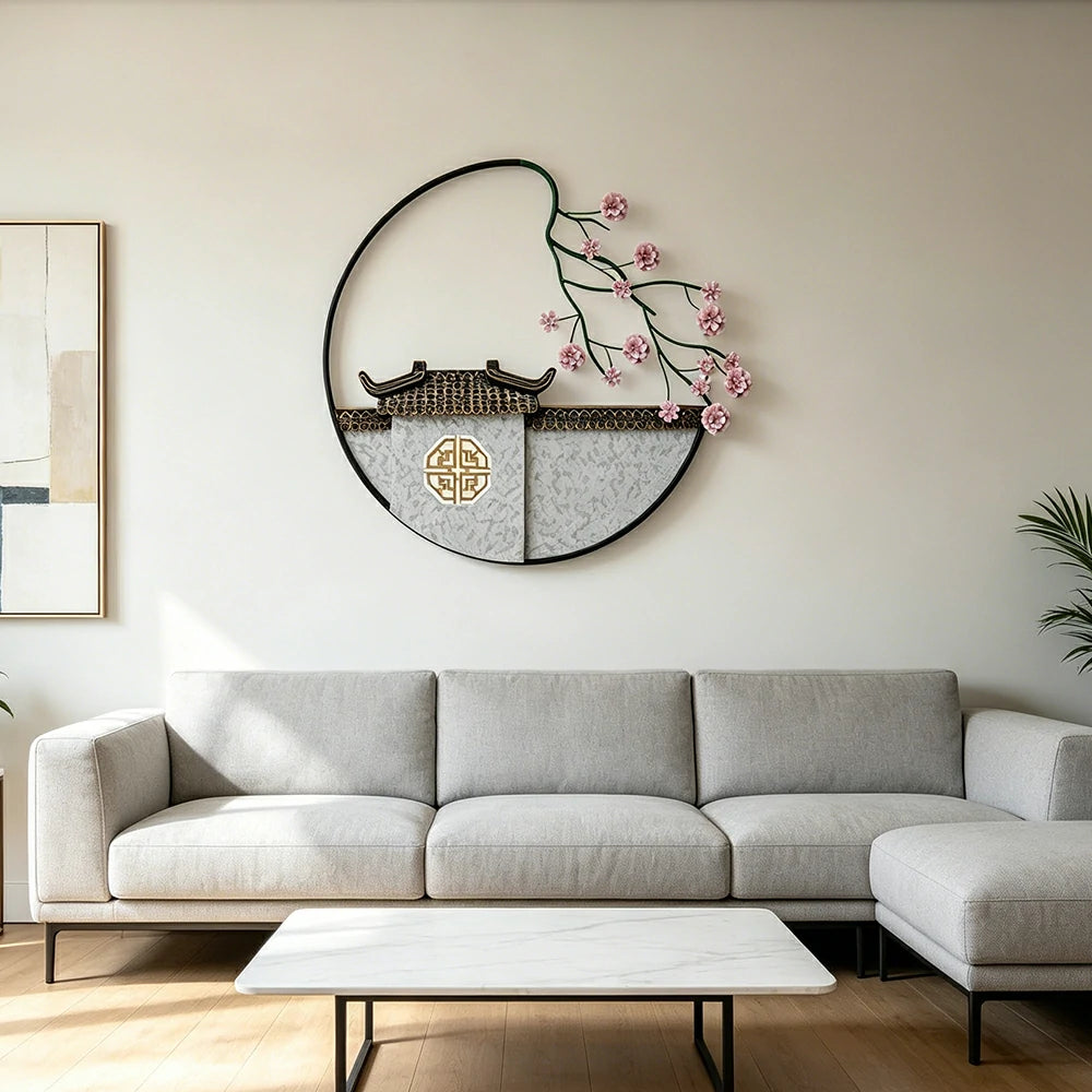 LIVARA Modern Oriental Wall Decor - Hand-Painted Iron Artwork with Plum Blossom - 84cm Living Room Wall Accent - Multicolour