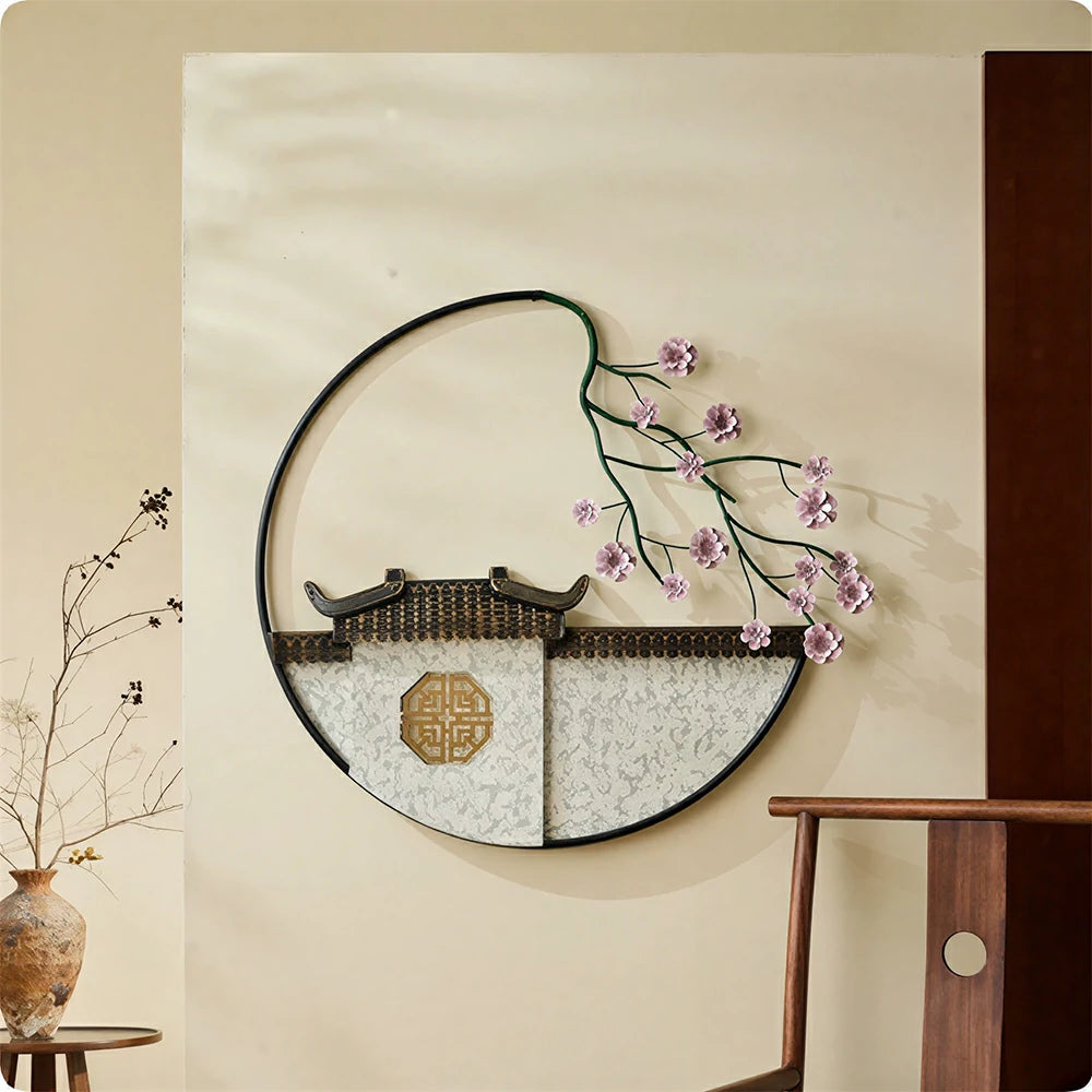 LIVARA Modern Oriental Wall Decor - Hand-Painted Iron Artwork with Plum Blossom - 84cm Living Room Wall Accent - Multicolour