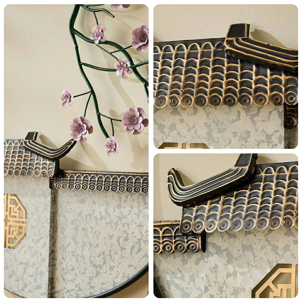 LIVARA Modern Oriental Wall Decor - Hand-Painted Iron Artwork with Plum Blossom - 84cm Living Room Wall Accent - Multicolour