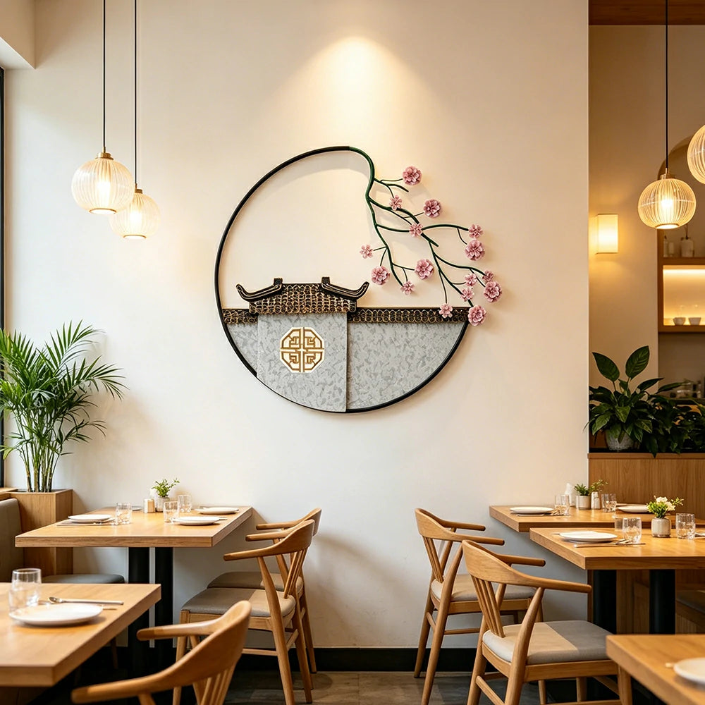 LIVARA Modern Oriental Wall Decor - Hand-Painted Iron Artwork with Plum Blossom - 84cm Living Room Wall Accent - Multicolour