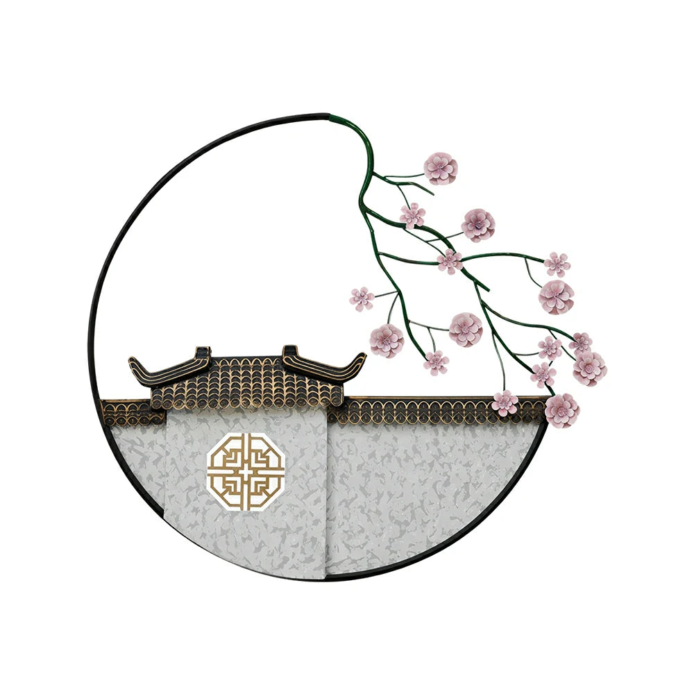 LIVARA Modern Oriental Wall Decor - Hand-Painted Iron Artwork with Plum Blossom - 84cm Living Room Wall Accent - Multicolour