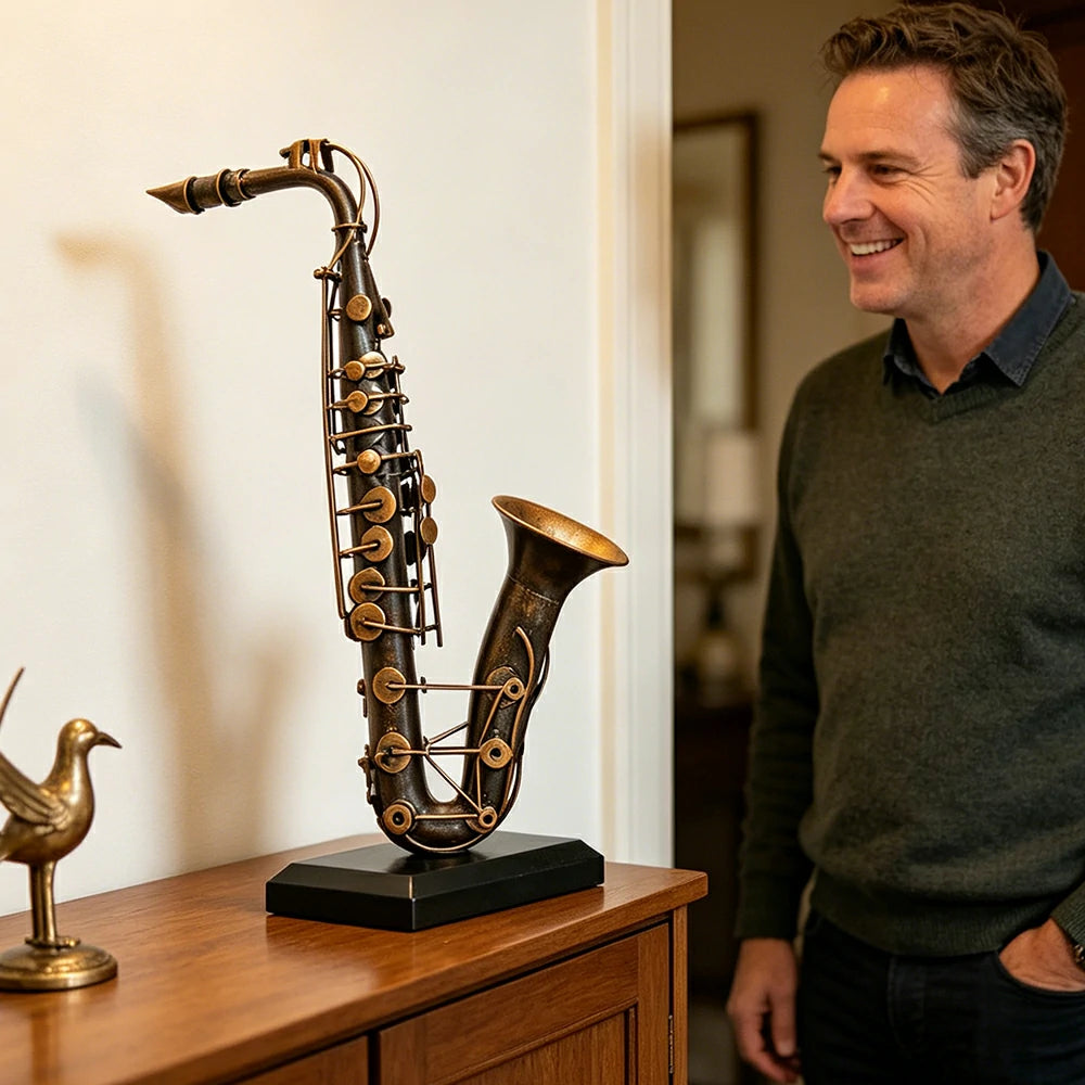 LIVARA Vintage Musical Decor - Iron Saxophone Ornament for Industrial Style Display - 53cm Living Room Accent - Bronze