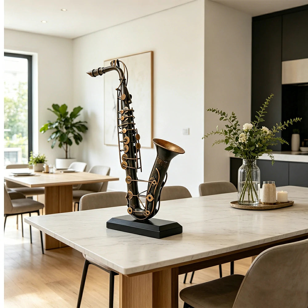 LIVARA Vintage Musical Decor - Iron Saxophone Ornament for Industrial Style Display - 53cm Living Room Accent - Bronze