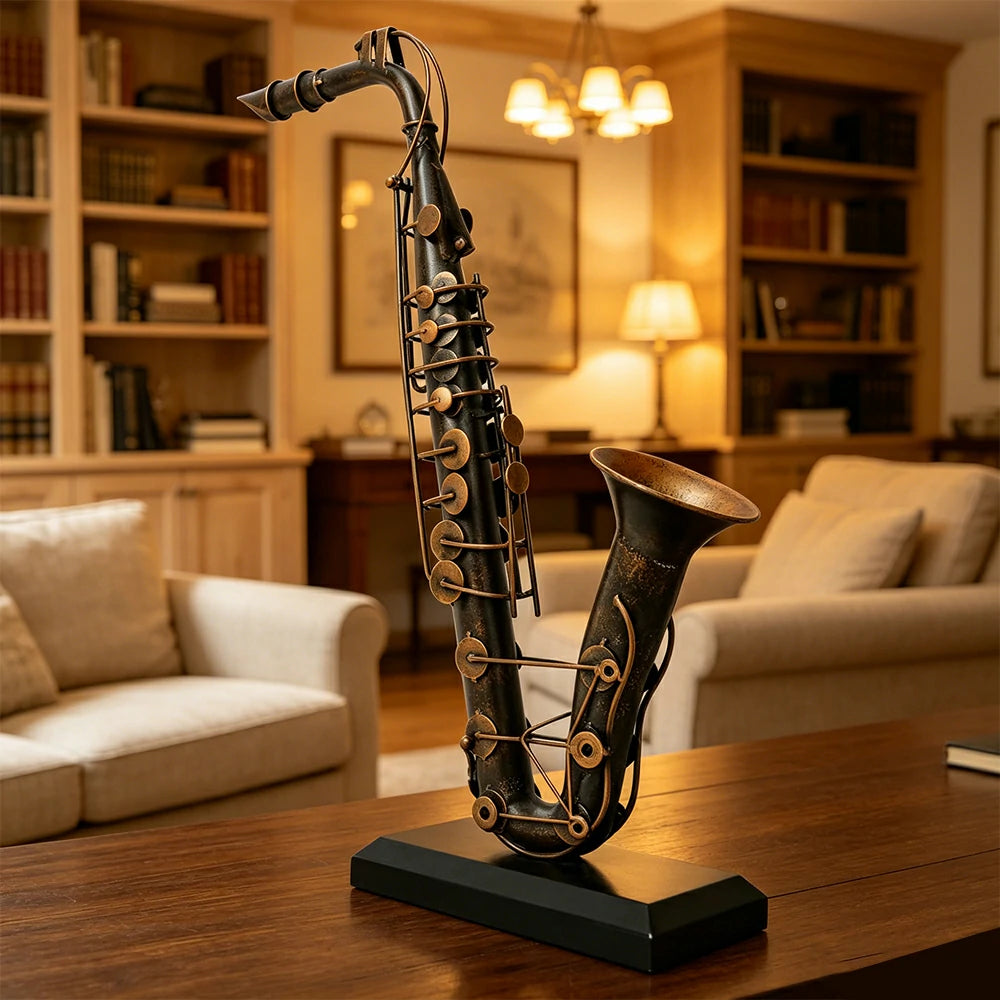 LIVARA Vintage Musical Decor - Iron Saxophone Ornament for Industrial Style Display - 53cm Living Room Accent - Bronze