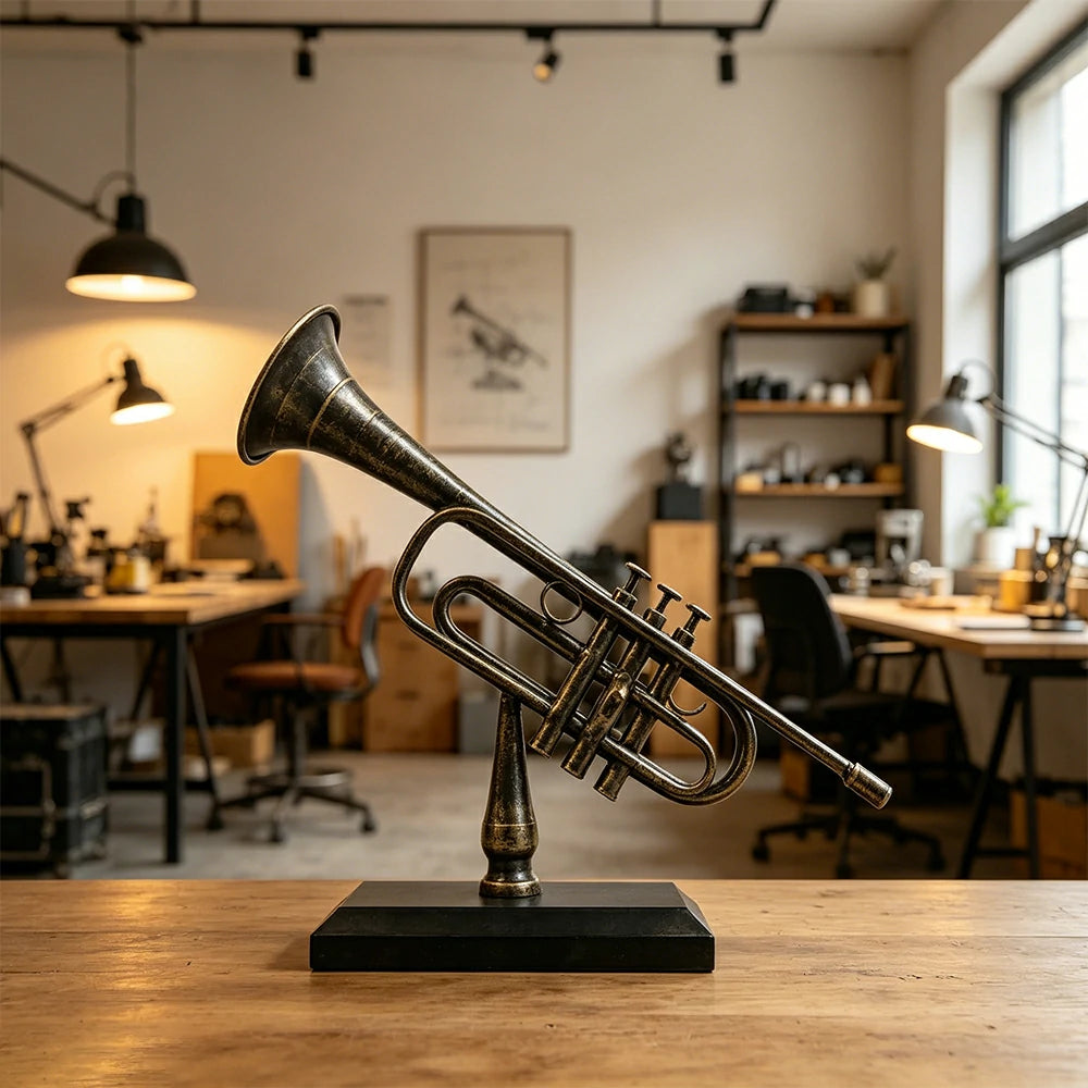 LIVARA Vintage Musical Decor - Iron Trumpet Ornament for Industrial Style Display - 46cm Living Room Accent - Bronze