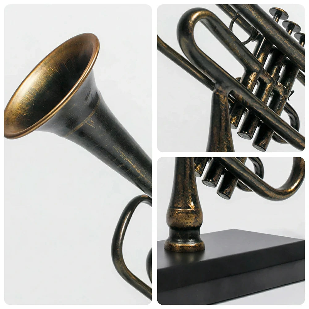 LIVARA Vintage Musical Decor - Iron Trumpet Ornament for Industrial Style Display - 46cm Living Room Accent - Bronze