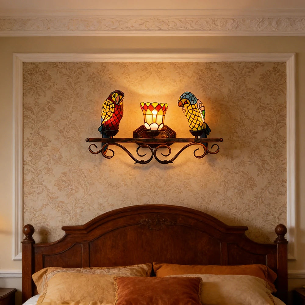 LIVARA European Vintage Parrot 3-Light Wall Light Stained Glass Handcrafted Iron Frame 63cm Living Room Bedroom Dining