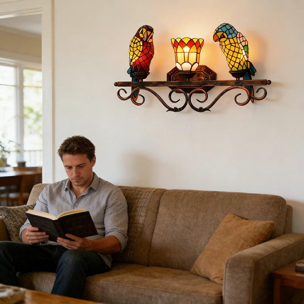 LIVARA European Vintage Parrot 3-Light Wall Light Stained Glass Handcrafted Iron Frame 63cm Living Room Bedroom Dining