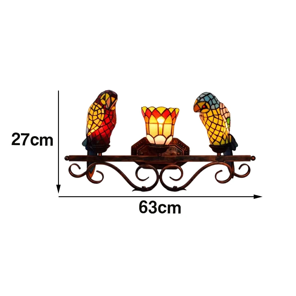 LIVARA European Vintage Parrot 3-Light Wall Light Stained Glass Handcrafted Iron Frame 63cm Living Room Bedroom Dining
