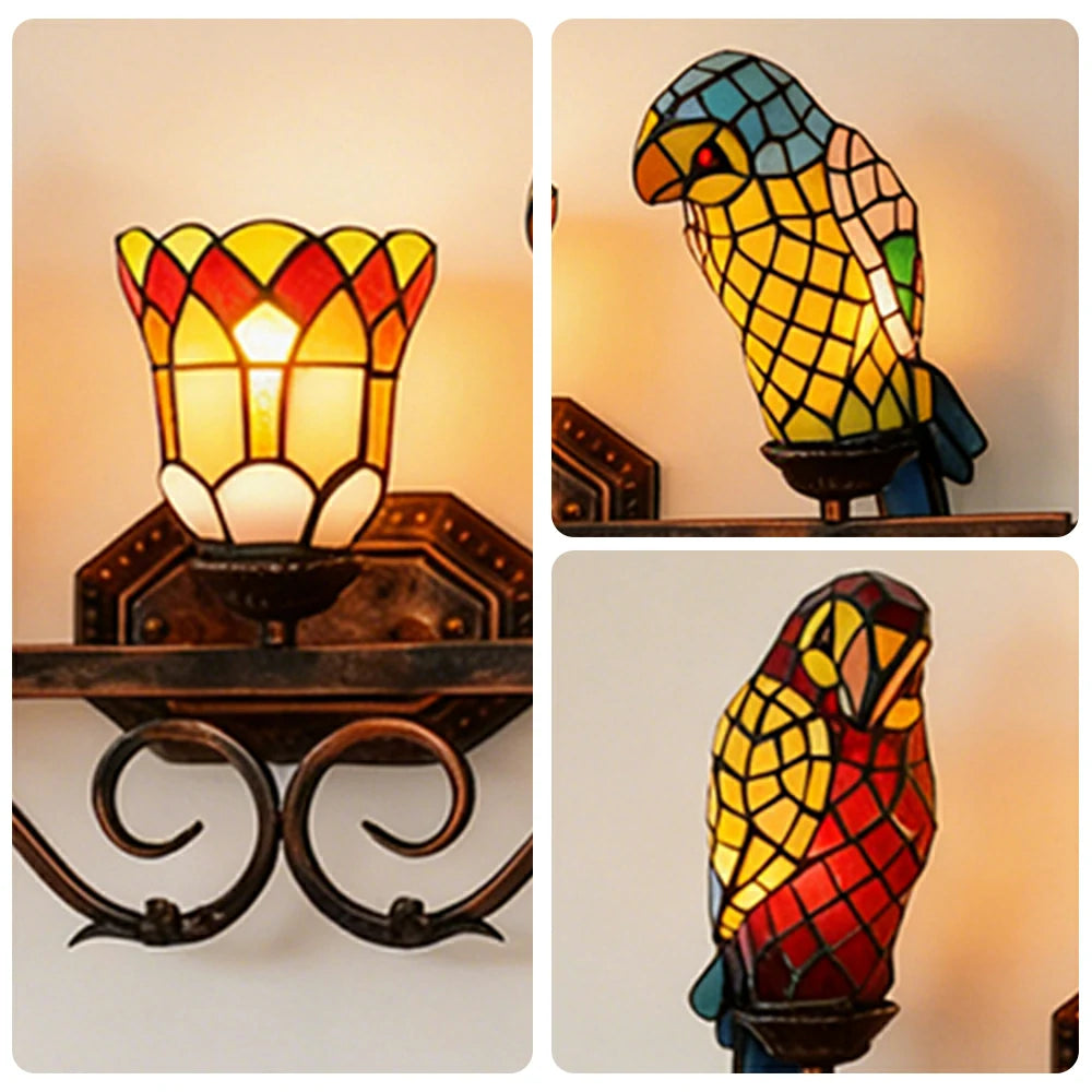 LIVARA European Vintage Parrot 3-Light Wall Light Stained Glass Handcrafted Iron Frame 63cm Living Room Bedroom Dining