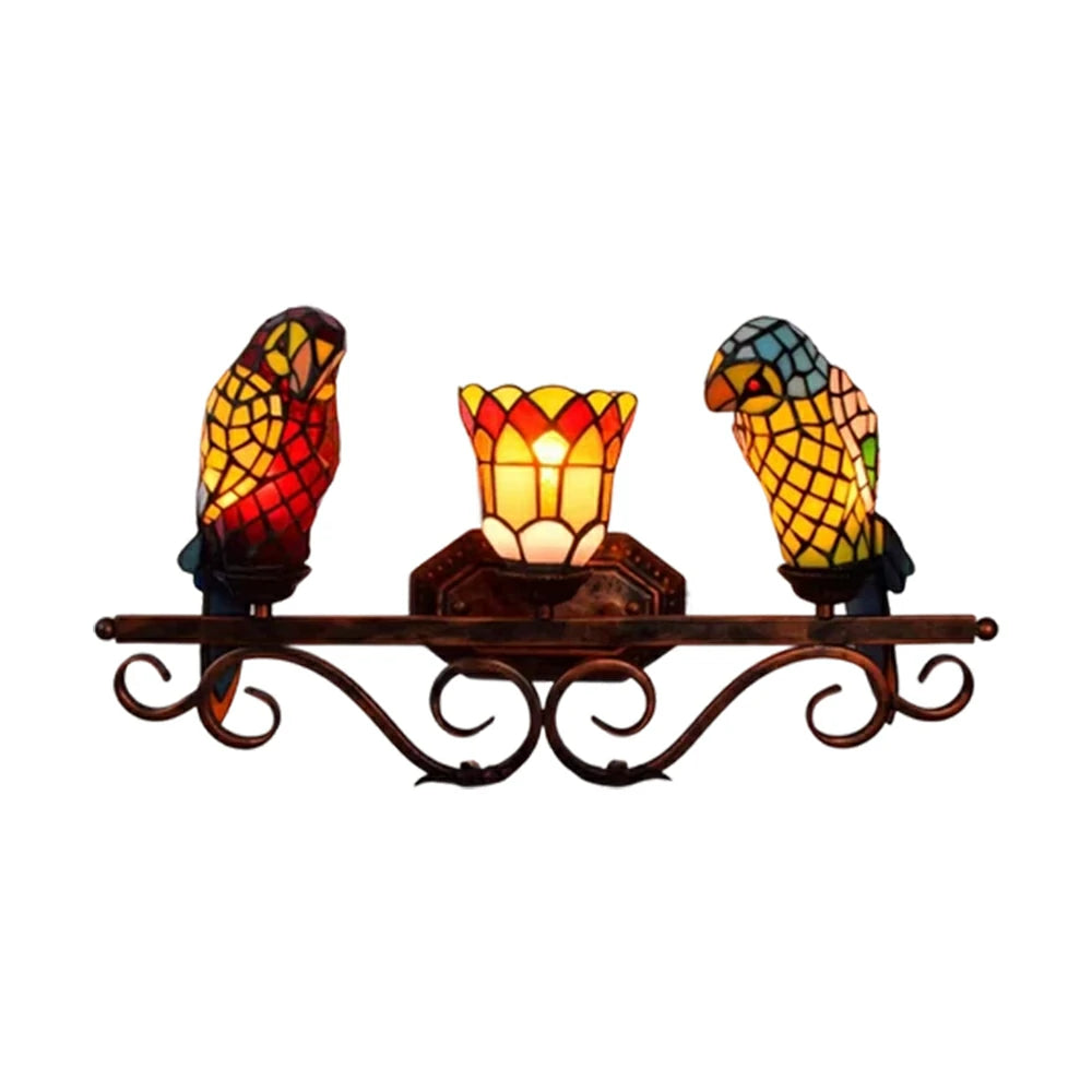 LIVARA European Vintage Parrot 3-Light Wall Light Stained Glass Handcrafted Iron Frame 63cm Living Room Bedroom Dining