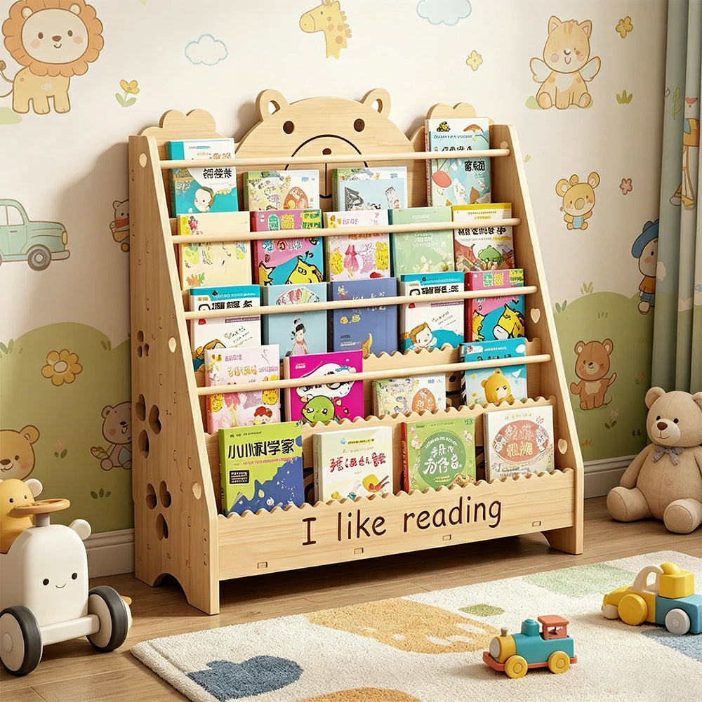 LIVARA Kids Bookshelf Cute Bear Multi-Tier Display Rack 80cm Reading Storage - Natural