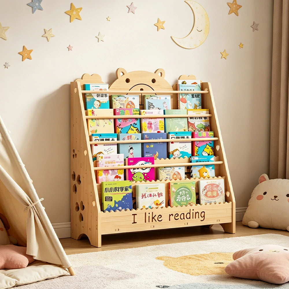 LIVARA Kids Bookshelf Cute Bear Multi-Tier Display Rack 80cm Reading Storage - Natural
