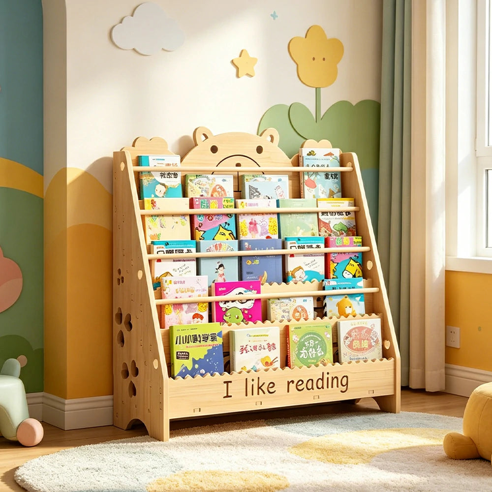 LIVARA Kids Bookshelf Cute Bear Multi-Tier Display Rack 80cm Reading Storage - Natural