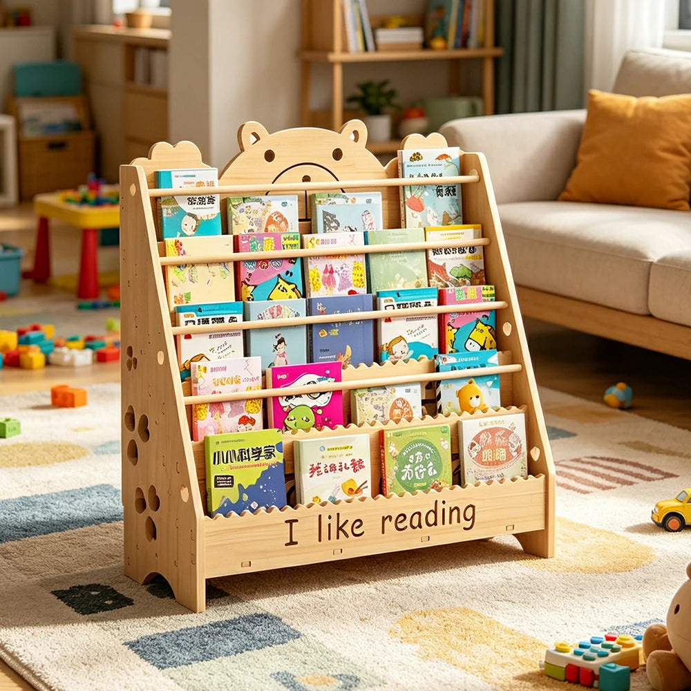 LIVARA Kids Bookshelf Cute Bear Multi-Tier Display Rack 80cm Reading Storage - Natural