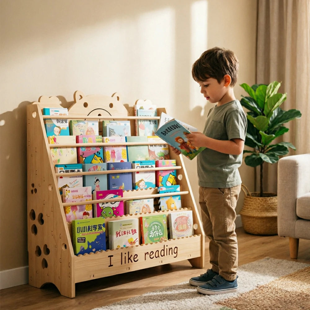 LIVARA Kids Bookshelf Cute Bear Multi-Tier Display Rack 80cm Reading Storage - Natural