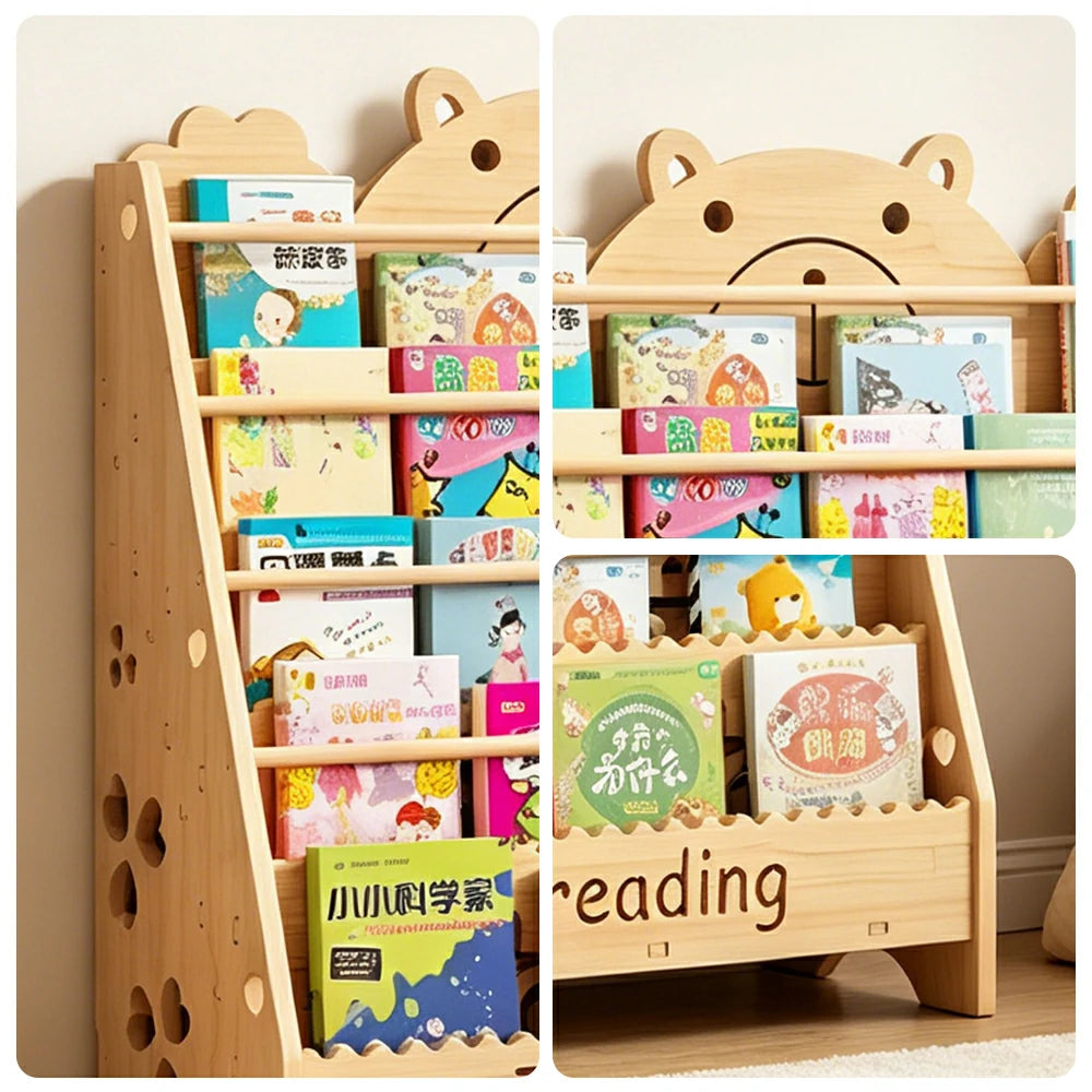 LIVARA Kids Bookshelf Cute Bear Multi-Tier Display Rack 80cm Reading Storage - Natural