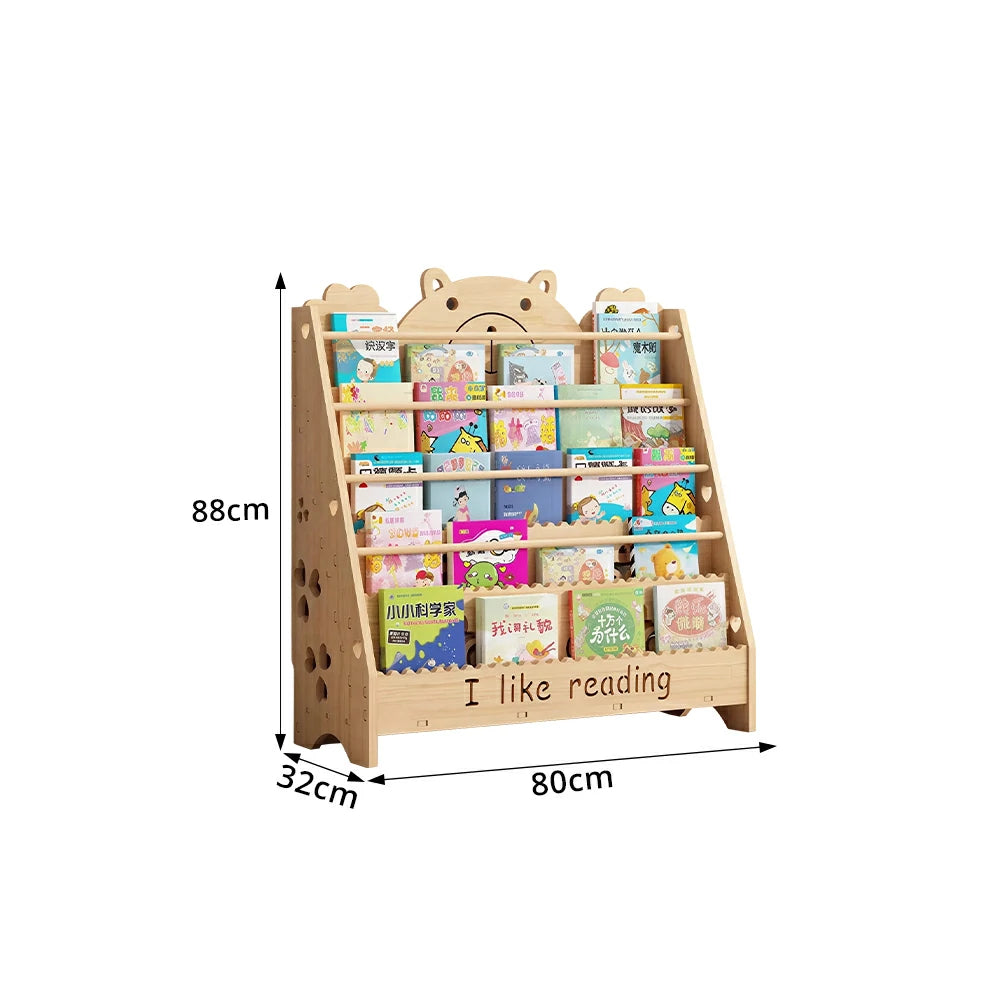 LIVARA Kids Bookshelf Cute Bear Multi-Tier Display Rack 80cm Reading Storage - Natural