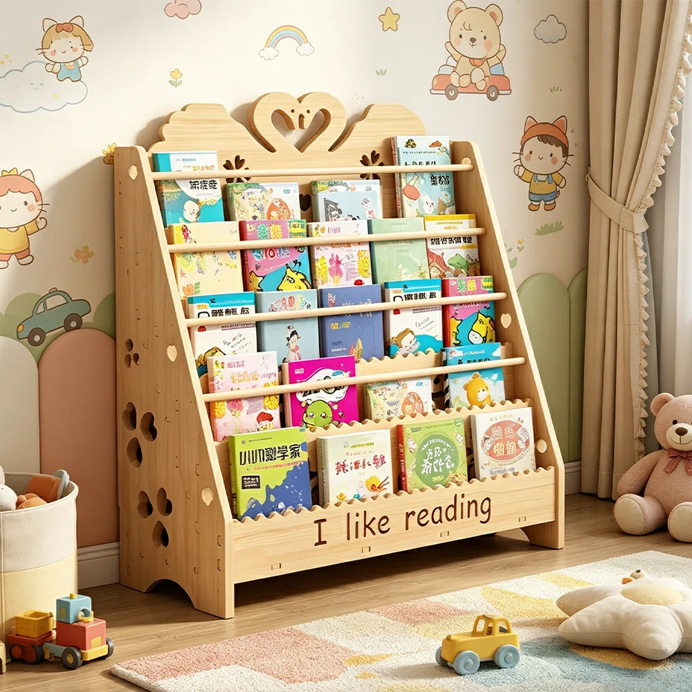 LIVARA Kids Bookshelf - Swan Design Multi-Tier Book Storage Freestanding Reading Organiser 80cm - Natural Wood