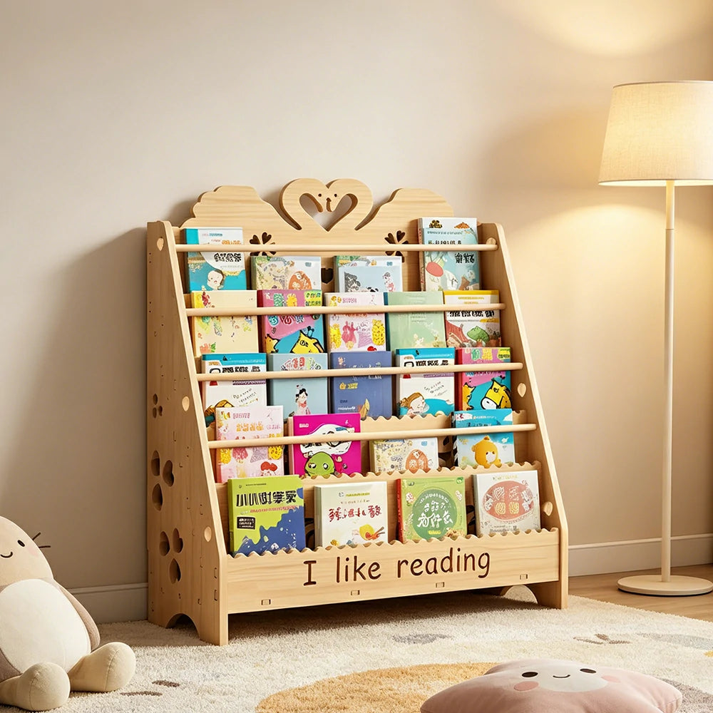 LIVARA Kids Bookshelf - Swan Design Multi-Tier Book Storage Freestanding Reading Organiser 80cm - Natural Wood
