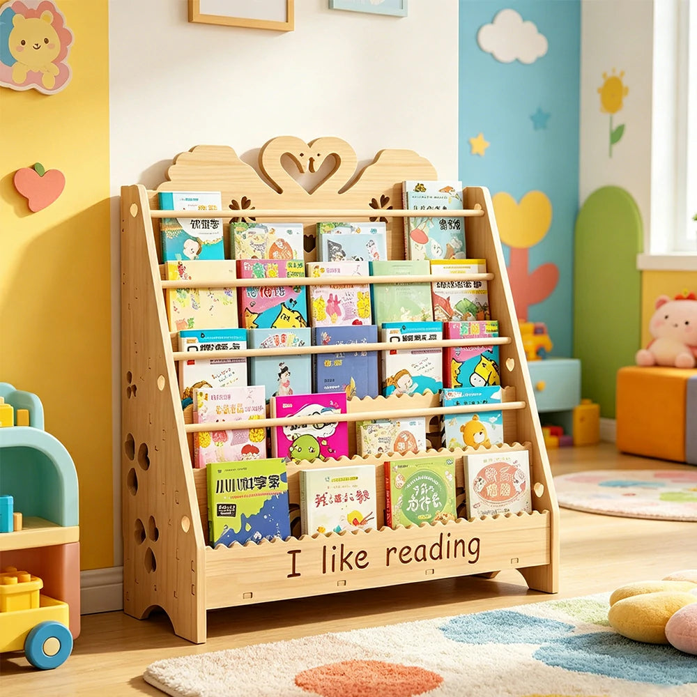 LIVARA Kids Bookshelf - Swan Design Multi-Tier Book Storage Freestanding Reading Organiser 80cm - Natural Wood