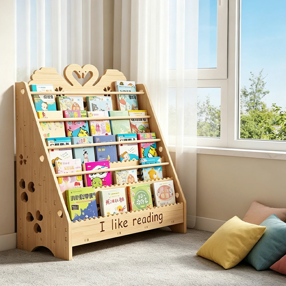 LIVARA Kids Bookshelf - Swan Design Multi-Tier Book Storage Freestanding Reading Organiser 80cm - Natural Wood