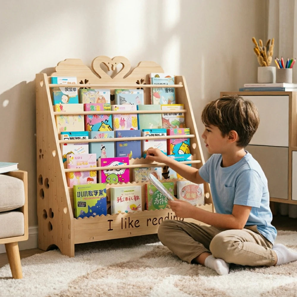 LIVARA Kids Bookshelf - Swan Design Multi-Tier Book Storage Freestanding Reading Organiser 80cm - Natural Wood