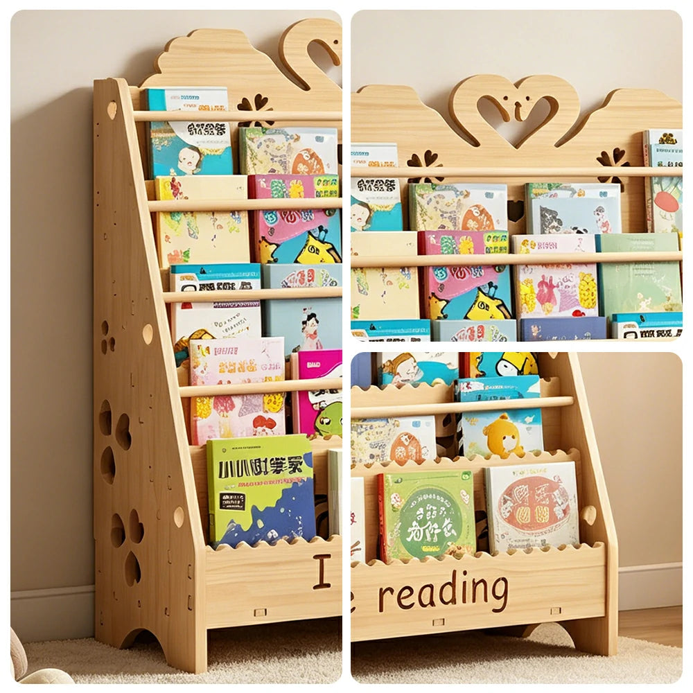 LIVARA Kids Bookshelf - Swan Design Multi-Tier Book Storage Freestanding Reading Organiser 80cm - Natural Wood