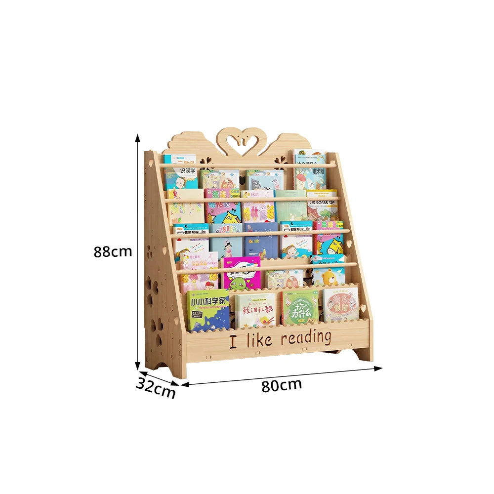 LIVARA Kids Bookshelf - Swan Design Multi-Tier Book Storage Freestanding Reading Organiser 80cm - Natural Wood