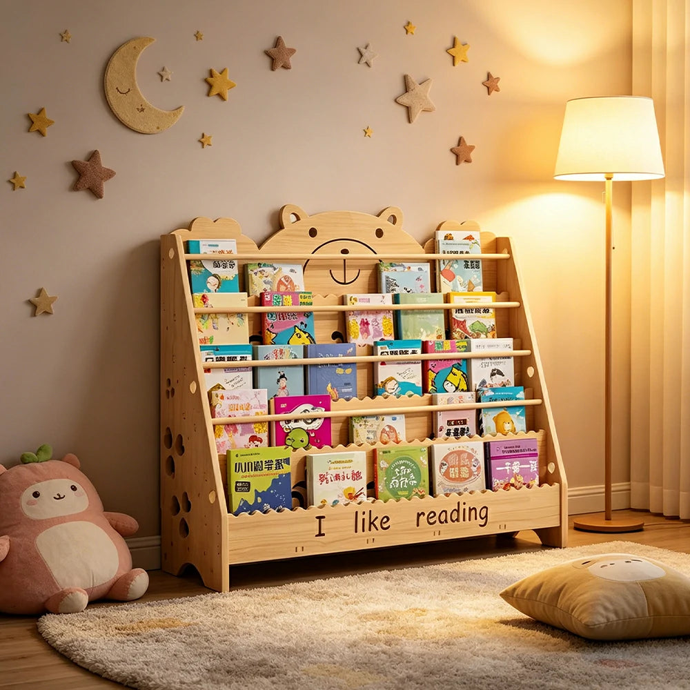 LIVARA Kids Bookshelf - Cute Bear Design Multi-Tier Book Storage Freestanding Reading Organiser 100cm - Natural Wood