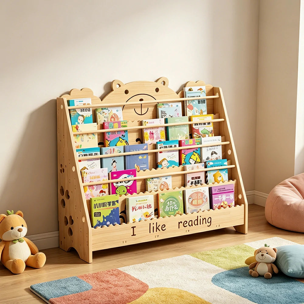 LIVARA Kids Bookshelf - Cute Bear Design Multi-Tier Book Storage Freestanding Reading Organiser 100cm - Natural Wood